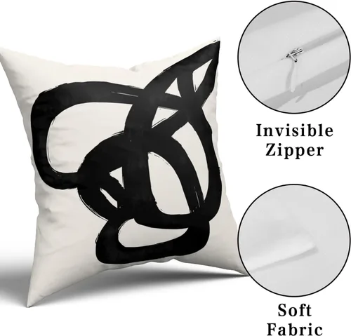 Vista 3 de Juego de 4 fundas de almohada abstractas de color negro y beige de 16 x 16 pulgadas, modernas fundas de cojín a rayas para sala de estar, sofá
