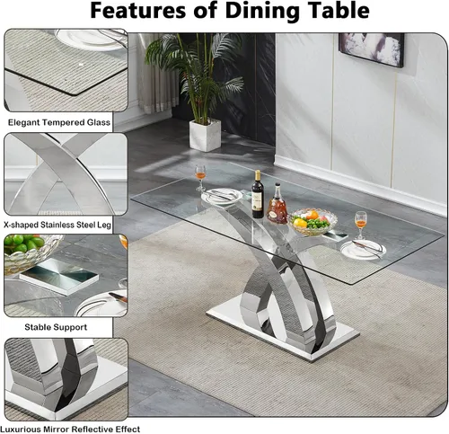 Vista 5 de Juego de mesa de comedor de cristal plateado moderno de 70 pulgadas para 4, juego de mesa de comedor rectangular de 5 piezas con patas de acero