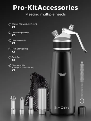 Vista 4 de Dispensador profesional de crema batida de aluminio de 16.9 fl oz / 1 pinta, batidor de crema a prueba de fugas con 3 puntas de decoración, probado