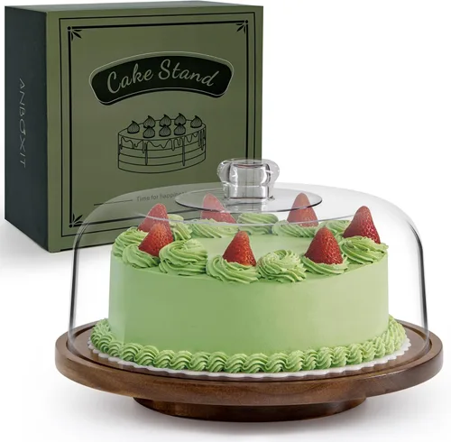 Vista 7 de ANBOXIT Soporte para pasteles con tapa de cúpula, plato de madera de acacia con tapa, soporte de exhibición de pastel de madera con cúpula acrílica
