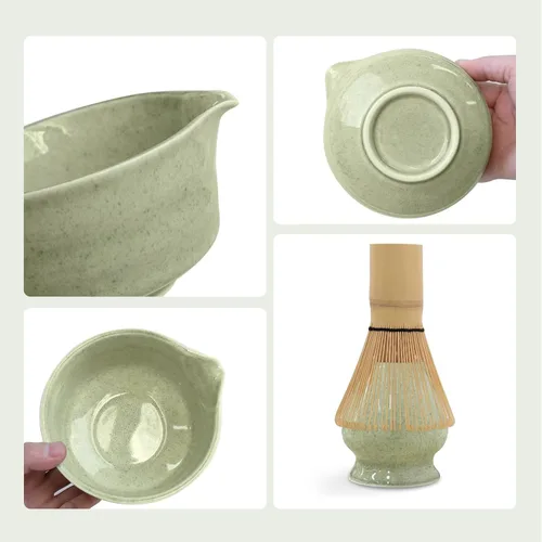 Vista 5 de Juego de batidor de matcha verde, kit de té japonés con batidor y cuchara de bambú, Chawan de cerámica con boquilla para ceremonia de té
