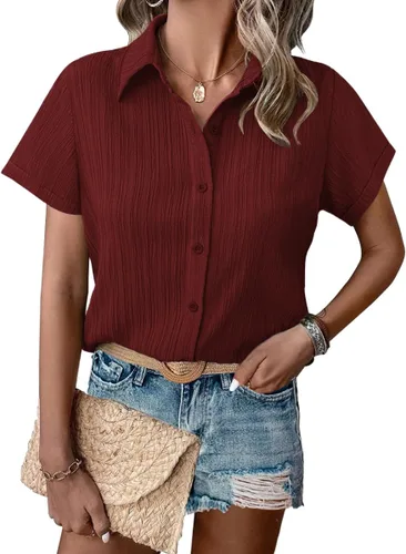 Vista 9 de HOTOUCH Camisa de vestir de manga corta con botones para mujer, cuello en V, con botones, para verano, con textura, para el trabajo