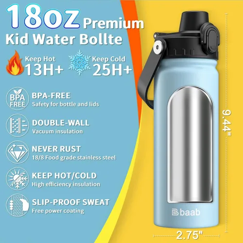 Vista 2 de baab Botella de Agua para Niños de 18 oz, Botella de Agua Aislada para Niños con Tapa de Boquilla Bloqueable y Calcomanías, Taza de Agua para Niños