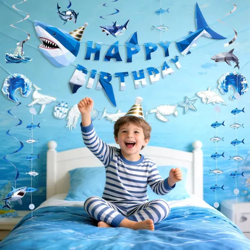 Vista 6 de Paper Jazz Decoración de tiburón oceánico, decoración de fiesta de tiburón ballena para pared, pancarta de cumpleaños bajo el mar con remolinos, Azul