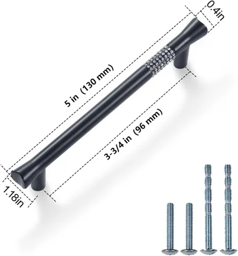 Vista 2 de Paquete de 5 manijas de cristal para cajones, 3-3/4 pulgadas con espacio entre agujeros negros (3.780 in), tiradores de gabinete de cocina