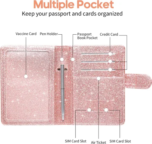Vista 2 de MCmolis Estuche para pasaporte y tarjeta de vacunación Combo - Funda de cuero para documentos de viaje, protector con hebilla magnética, Escarcha