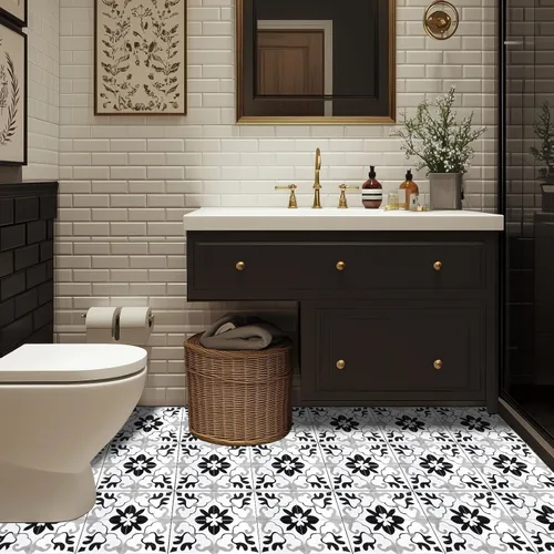 Vista 2 de HOMETITUTE - Azulejo de vinilo retro blanco y negro de 12 x 12 pulgadas