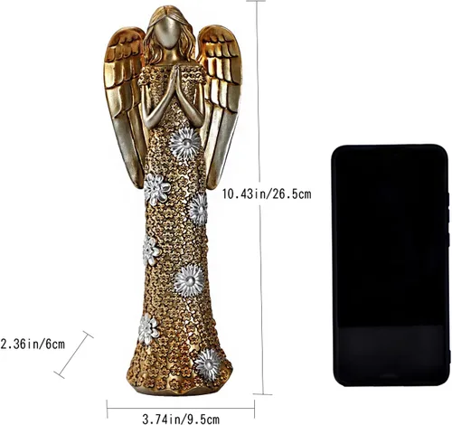 Vista 3 de Estatua de ángel rezando de 10 pulgadas, figura de ángel de resina dorada con detalles florales en relieve, decoración religiosa del hogar, regalo