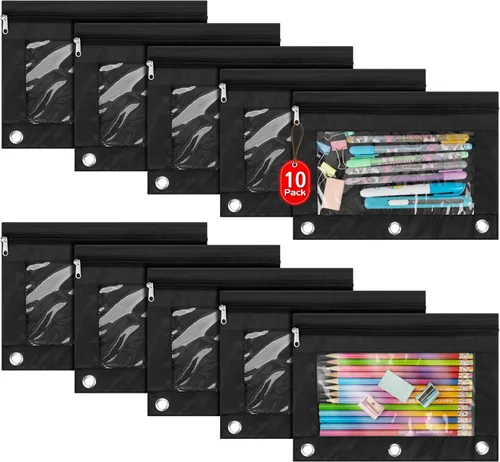 Vista 10 de IKAYAS Paquete de 5 bolsas negras para lápices de 3 anillos con cremallera a granel, 3 bolsas de lápices para carpetas de anillos, estuche
