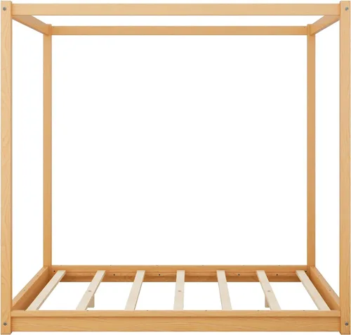 Vista 5 de Base de cama Queen con patas de toldo, plataforma de madera, soporte de listones de madera, no necesita somier Natural