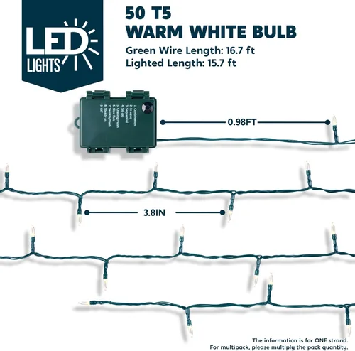 Vista 4 de Joiedomi Guirnalda de luces LED de Navidad, 2 x 50 unidades, 31.4 pies, funciona con pilas, con 8 modos, cable verde multifunción para decoración