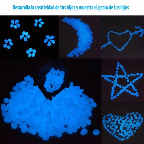 Vista 2 de Piedras brillantes, 150 piezas de guijarros que brillan en la oscuridad, para pasarelas, ventanas, patios, entradas, decoración al aire libre, Azul