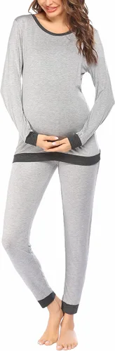 Vista 3 de Ekouaer Conjunto de ropa interior térmica de maternidad y lactancia, conjunto de pantalones largos de punto a rayas, capa base superior e inferior