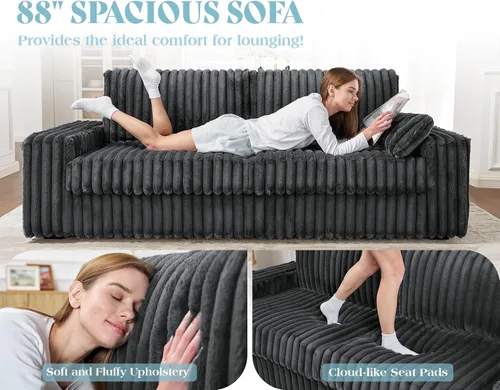 Vista 6 de VanAcc Sofá de gran tamaño de 88 pulgadas, sofá moderno con almohadas lumbares y reposabrazos, sofá de 3 plazas, sofás de nube para sala de estar