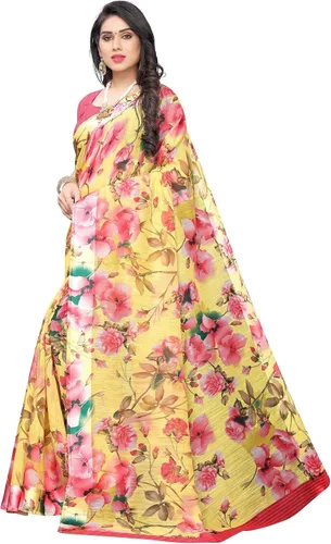 Vista 2 de Mithila Root Vestidos étnicos indios de lino con estampado floral digital para mujer, Sari con blusa