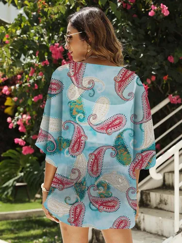 Vista 4 de Chunoy Cárdigan tipo kimono de gasa floral para mujer, blusa informal holgada