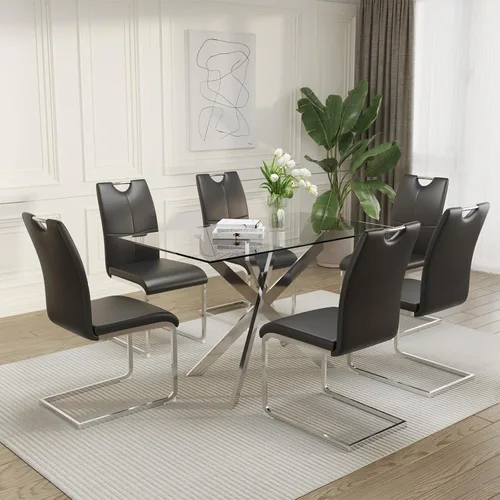 Vista 19 de Juego de mesa de comedor de vidrio de 51 pulgadas para 4 personas con tapa de vidrio templado, color negro Patas de metal negro, sillas de cuero