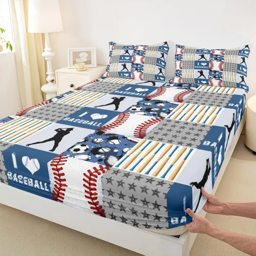 Vista 10 de Erosebridal Sábana bajera ajustable de béisbol tamaño individual, juego de cama de juegos deportivos para niños, niñas, adolescentes y adultos