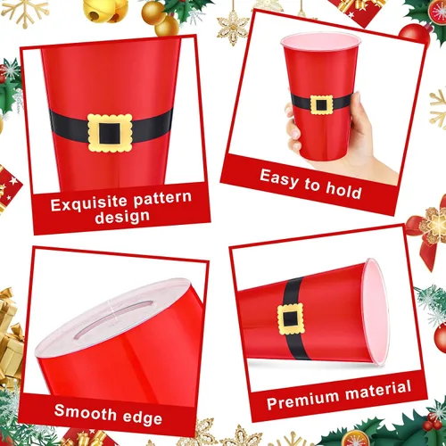 Vista 4 de Bokon 100 Piezas Vasos de Navidad de 16 oz de Plástico Desechables de Papá Noel Vasos con Diseños de Cinturón de Papá Noel Muñeco de Nieve Alce