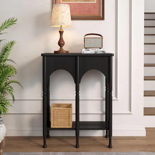 Vista 3 de Mesa consola con estante de almacenamiento, mesa de entrada pequeña y estrecha de 28 pulgadas Mesa de madera vintage con patas de estilo romano