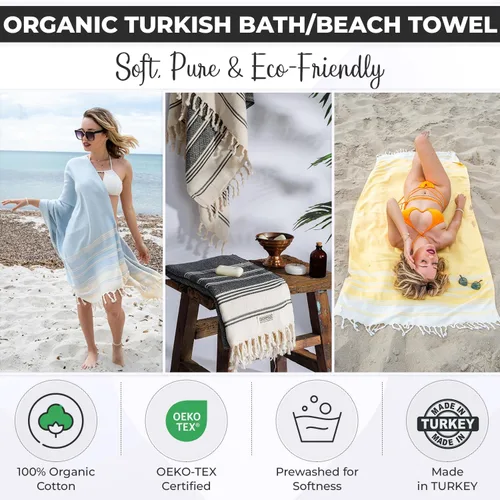 Vista 2 de DEMMEX Organic Diamond - Toalla turca de baño y playa 100% algodón turco certificado Oeko-TEX, ultra suave, de secado rápido, ligera, compacta