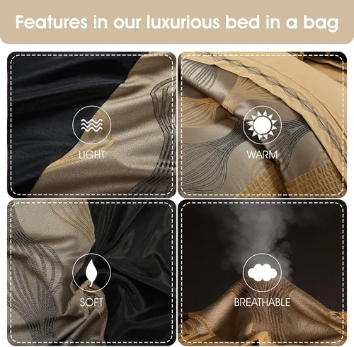 Vista 6 de Grand Avenue - Juego elegante de edredón negro y dorado, a rayas, 7 piezas de juego de cama de jacquard con edredón para todas las estaciones