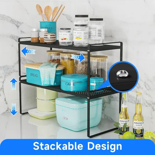 Vista 4 de Organizador de estantes expandibles para gabinete, organizador de estante pequeño de cocina para encimera, despensa, estante de especias