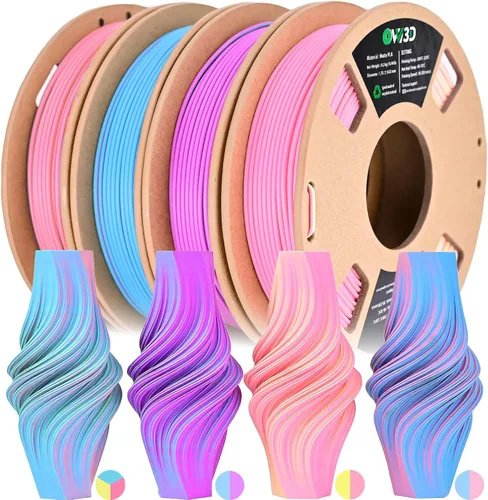 Vista 12 de OVV3D - Paquete de filamentos para impresora 3D PLA brillante, multicolor Negro Azul Púrpura Verde