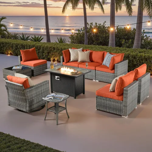 Vista 29 de ovios Juego de muebles de patio al aire libre de 5 piezas con mesa de café, conjunto seccional de muebles de patio con sofá de mimbre para todo tipo