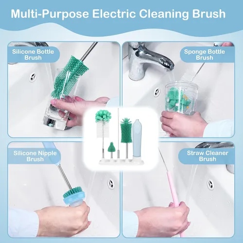 Vista 3 de Limpiador eléctrico de cepillo de botellas con soporte, limpiador automático recargable de botellas de agua con mango de extensión de acero