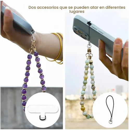Vista 4 de VICHUNHO Correa de muñeca con cuentas de mármol para teléfono, cordón para celular con pestaña de sujeción, pulsera de muñeca manos libres Amazonita
