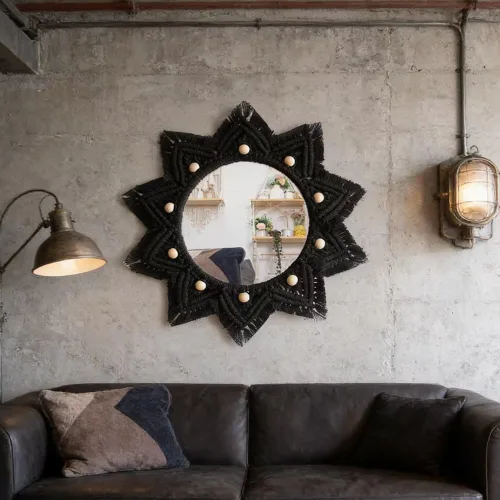 Vista 7 de TENEWEE - Espejo de pared colgante redondo de macramé bohemio Handmade woven, black, wall hanging HD glass; entryway, bedroom, apartment, hallway
