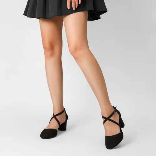 Vista 2 de Greatonu Zapatos de vestir de tacón bajo para mujer, puntera redonda cerrada, correa cruzada, para boda, novia, fiesta, oficina