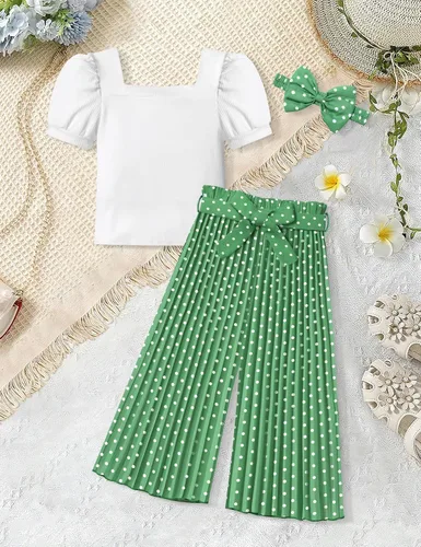 Vista 57 de DONWEN Conjunto de 3 piezas de ropa para niñas pequeñas y niñas con cuello cuadrado + pantalones elegantes + diadema para primavera y verano