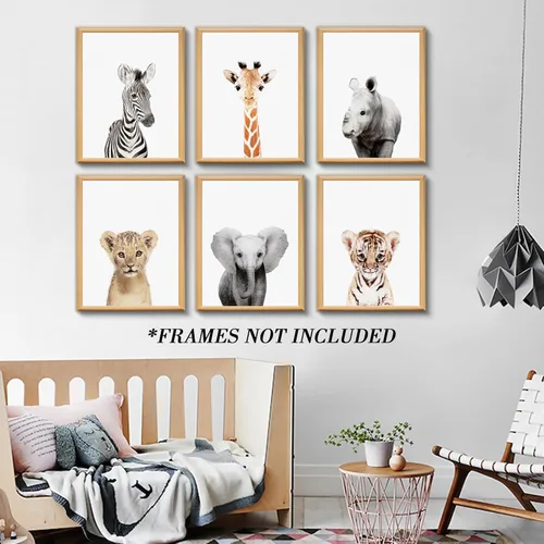 Vista 2 de calmart Arte de la pared: 6 Decoración para colgar en la pared de animales de la selva sin marco para la habitación de los niños, guardería, fiesta