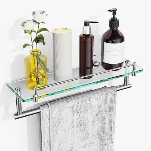 Vista 9 de Toallero con estante de 16 pulgadas, estante de baño con barra de toalla de vidrio templado, dorado cepillado moderno, acero inoxidable a prueba