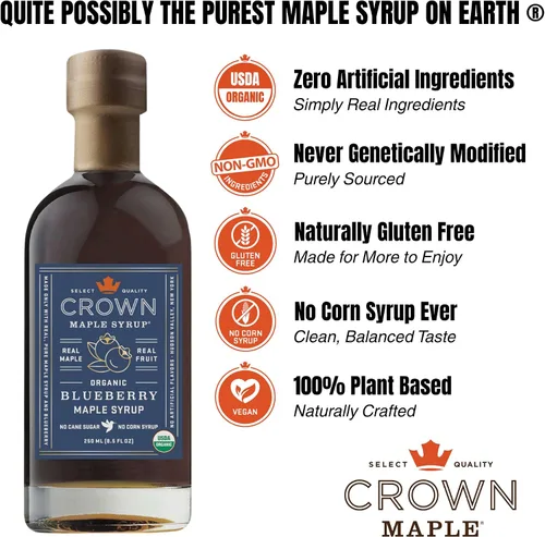 Vista 2 de Crown Maple Jarabe de arce orgánico de arándanos, 8.5 onzas líquidas, panqueques, gofres, cócteles, adobos de sabor