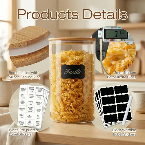 Vista 4 de HomArtist Juego de 4 recipientes grandes de vidrio para harina y azúcar, 180oz x2 & 93oz x2, recipientes de vidrio para almacenamiento de alimentos