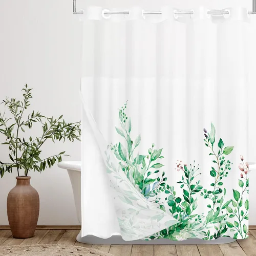 Vista 70 de Tititex - Juego de cortinas de ducha de eucalipto negro, hojas de acuarela gris en la parte superior, con decoración floral de baño, 60 x 72