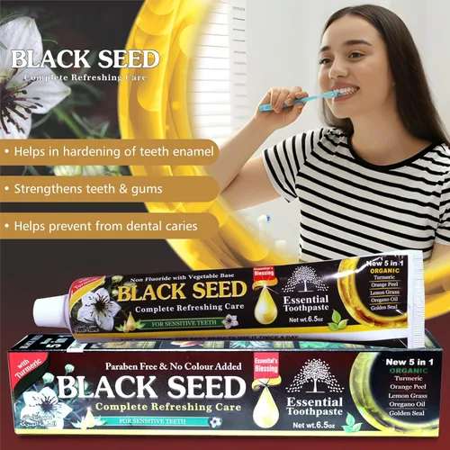 Vista 5 de Pasta de dientes Black Seed Essential, 6.53 onzas, paquete de 6, sin flúor Dientes sensibles, semilla negra orgánica, endurecimiento del esmalte