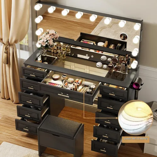Vista 5 de VOWNER Tocador con espejo iluminado, escritorio de tocador de maquillaje Negro
