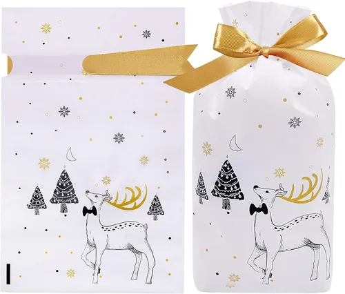 Vista 9 de HRX Package 50 bolsas de regalo de Navidad, 5.8x9x2.4 pulgadas, bolsas de golosinas con cordón de caramelos para regalos de comida, galletas de Rojo