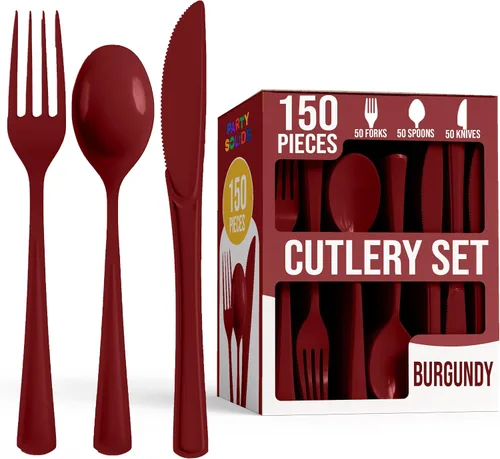 Vista 9 de Party Solids Cubiertos de plástico negro resistente, 150 piezas, cubiertos desechables negros, juegos de utensilios, 50 de cada tenedor, cuchillos