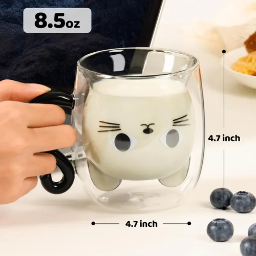 Vista 5 de PARACITY Taza Bonita de Gato, Tazas Bonitas de Cristal de Doble Pared con Asa 8.5 onzas, Regalos para Amantes de los Gatos para Mujeres, Regalos