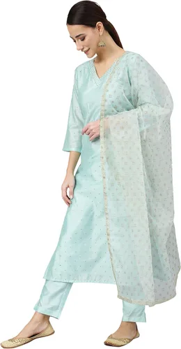 Vista 5 de Janasya Kurta de seda chanderi color verde mar para mujer india con pantalón y dupatta