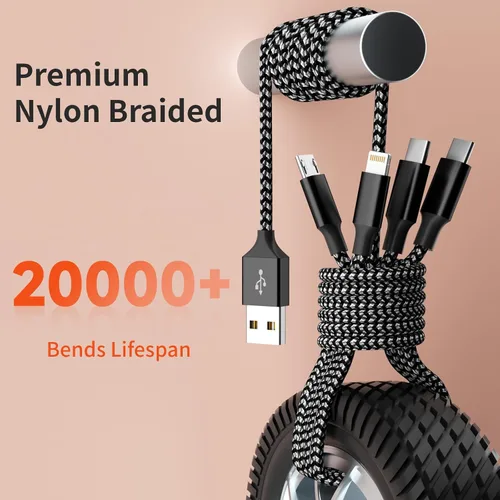 Vista 3 de Cable de carga múltiple, doble tipo C, cable de carga múltiple de nailon trenzado 4 en 1, cable de carga multi USB con puertos IP/tipo C/micro USB