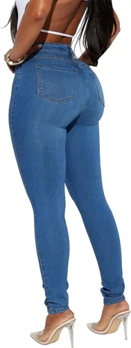 Vista 28 de KUNMI - Pantalones de mezclilla clásicos de cintura alta para mujer, elásticos, con efecto de levantamiento de glúteos, ajustados