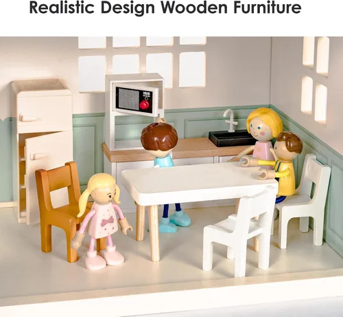 Vista 6 de Casa de muñecas de madera para niños, juego de casa de muñecas de juguete de estilo moderno de 6 habitaciones