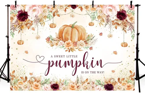 Vista 2 de MEHOFOND Telón de fondo de baby shower de calabaza pequeña de 7 x 5 pies para niñas, estilo bohemio, otoño, floral, recién nacido, decoración