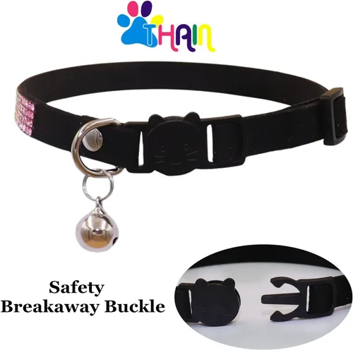 Vista 4 de THAIN Bling cat Collar de gatito Rainbow Rhinestone Breakaway Diamond con campana Terciopelo suave liberación rápida (negro)